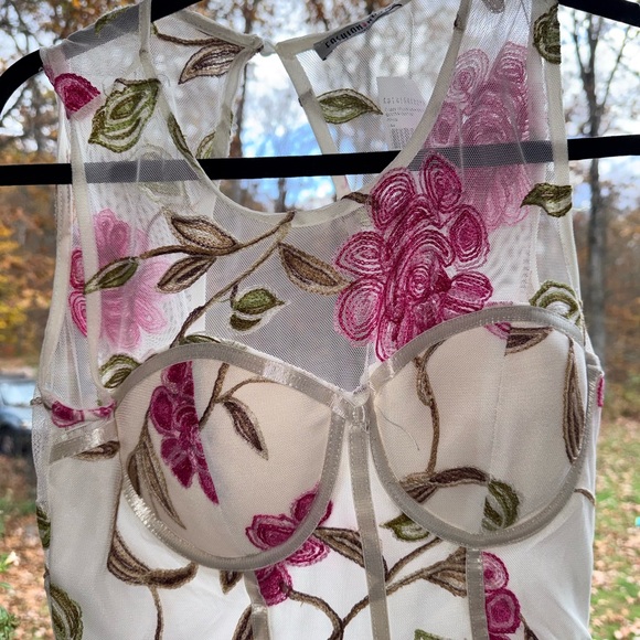 Fashion Nova Floral Sheer Romper - Pink and Green - Picture 2 of 8